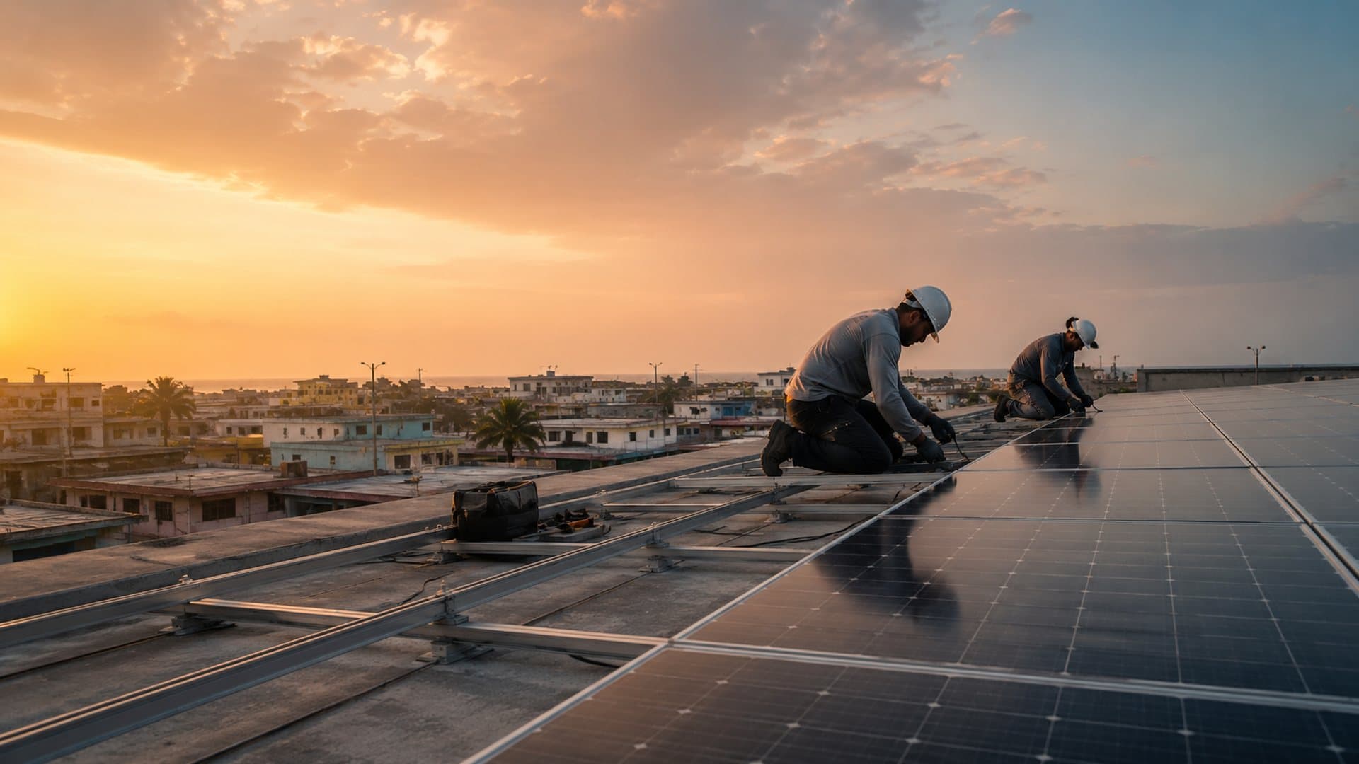 Técnicos instalando paneles solares en un techo